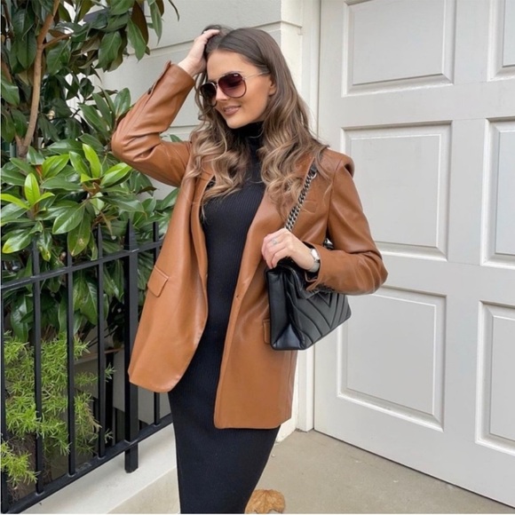 NWT ZARA Faux Leather Blazer M Chocolate Brown Blogger Favourite - Picture 1 of 16